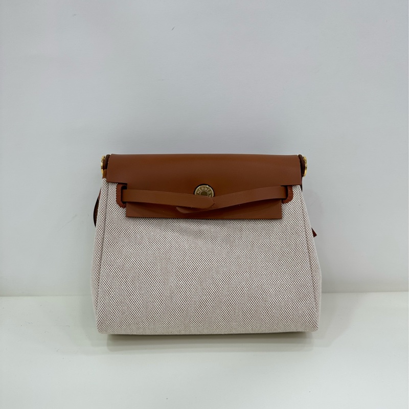 愛馬仕 mini herbag 金棕拼米色金扣帆布 W刻 有購證-1