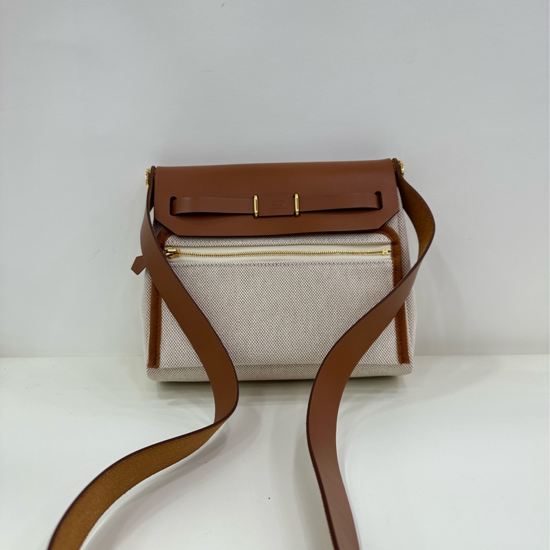 愛馬仕 mini herbag 金棕拼米色金扣帆布 W刻 有購證-2