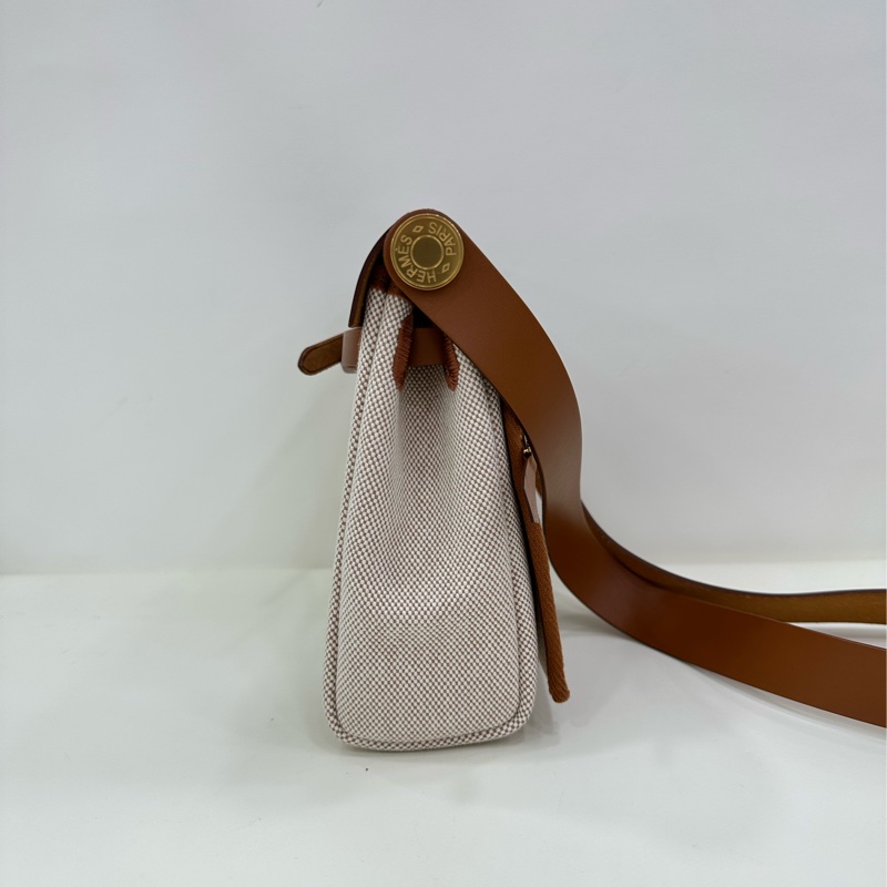 愛馬仕 mini herbag 金棕拼米色金扣帆布 W刻 有購證-3