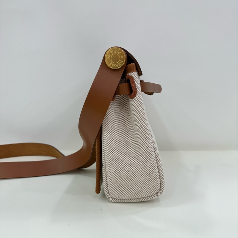 愛馬仕 mini herbag 金棕拼米色金扣帆布 W刻 有購證-4