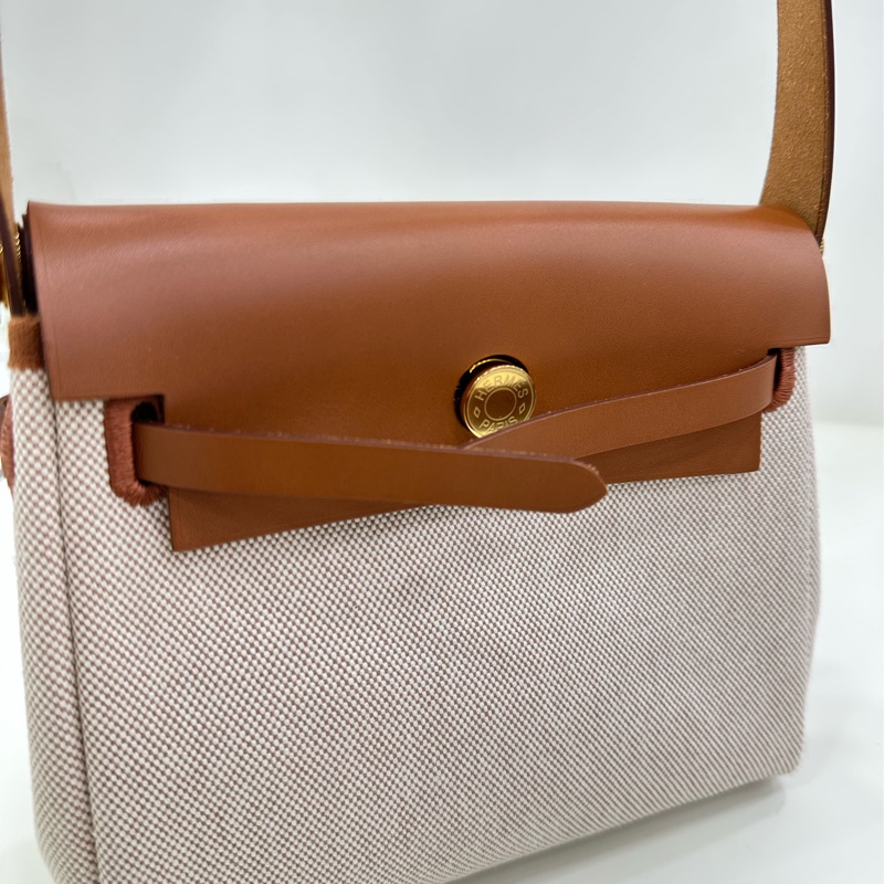 愛馬仕 mini herbag 金棕拼米色金扣帆布 W刻 有購證-6