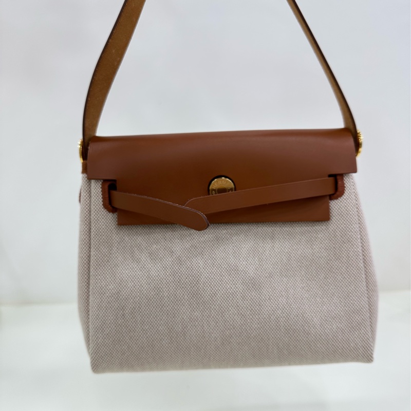 愛馬仕 mini herbag 金棕拼米色金扣帆布 W刻 有購證-7