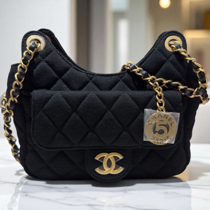 CHANEL菱格紋羊毛小款HOBO鏈包*黑淡金(晶片款-0