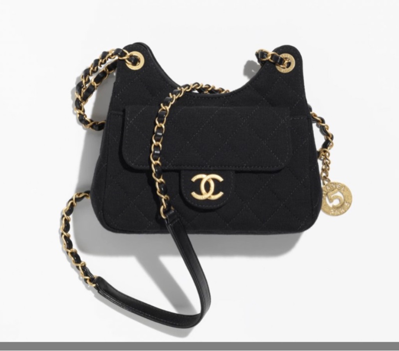 CHANEL菱格紋羊毛小款HOBO鏈包*黑淡金(晶片款-5