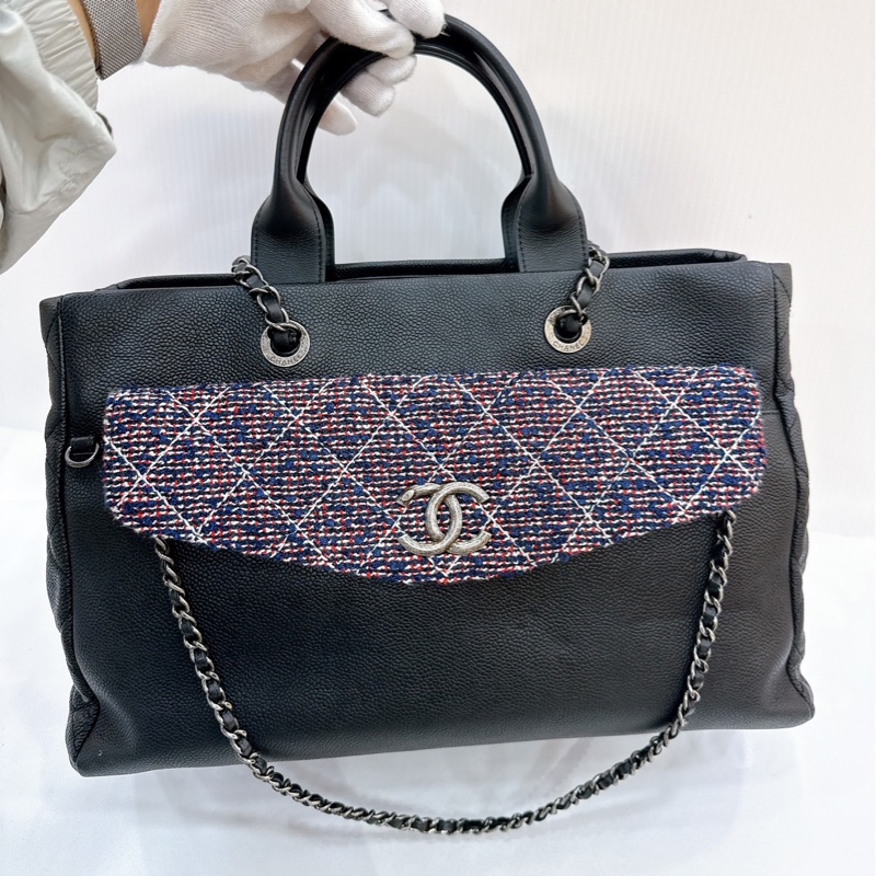 莉亞精品♡ Chanel 黑銀荔枝皮tote 毛呢編織二合一 二手美包-2