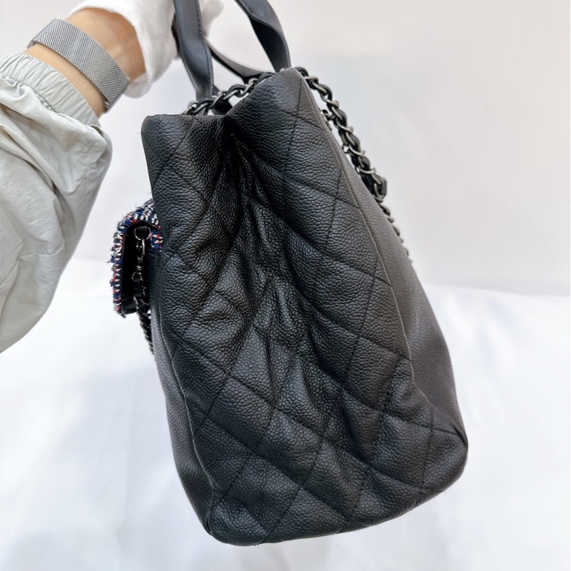 莉亞精品♡ Chanel 黑銀荔枝皮tote 毛呢編織二合一 二手美包-3