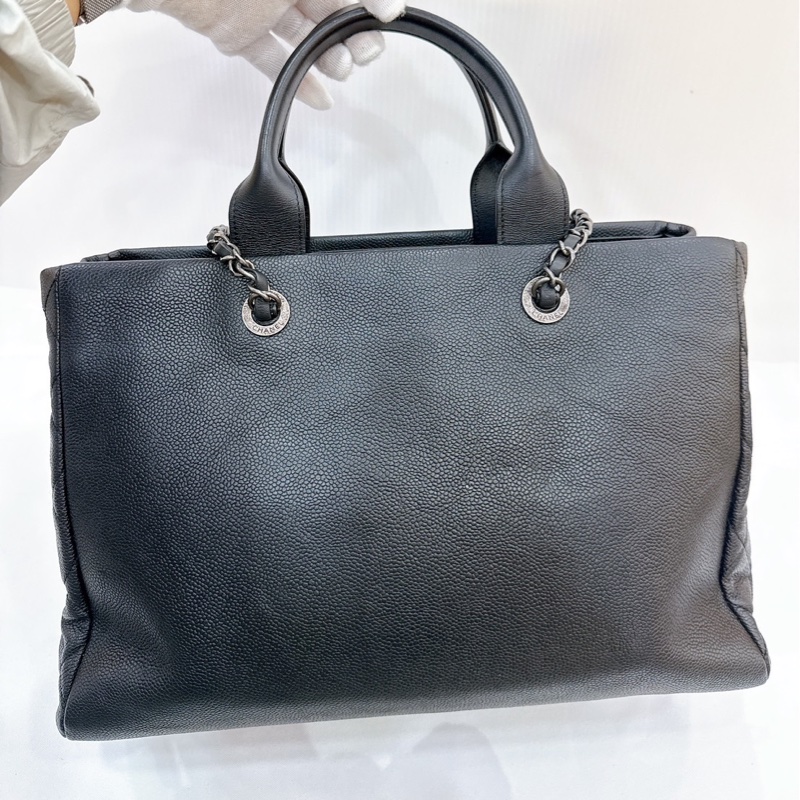 莉亞精品♡ Chanel 黑銀荔枝皮tote 毛呢編織二合一 二手美包-4