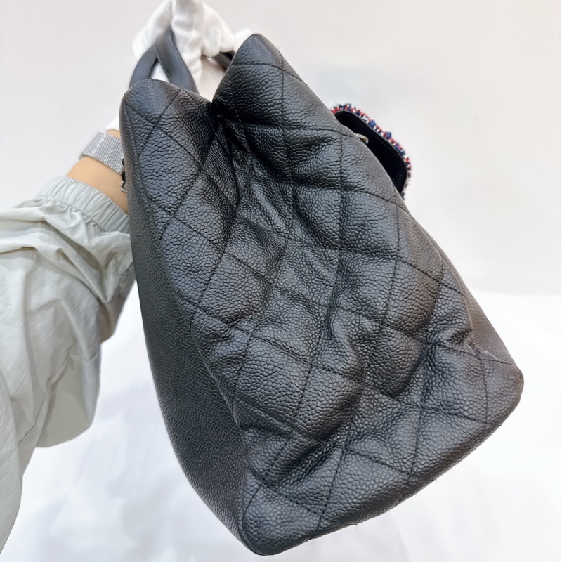 莉亞精品♡ Chanel 黑銀荔枝皮tote 毛呢編織二合一 二手美包-5