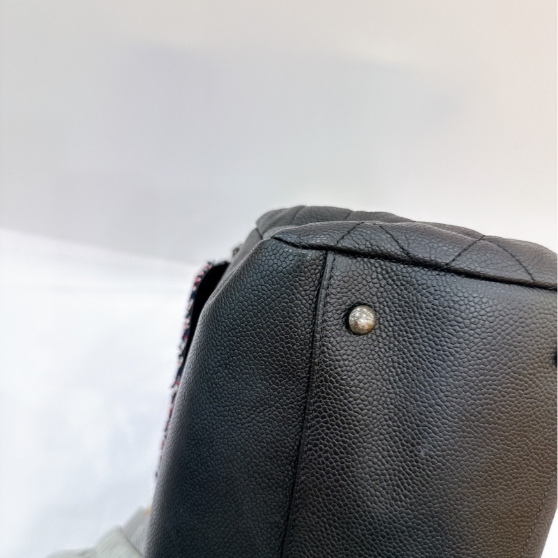 莉亞精品♡ Chanel 黑銀荔枝皮tote 毛呢編織二合一 二手美包-11