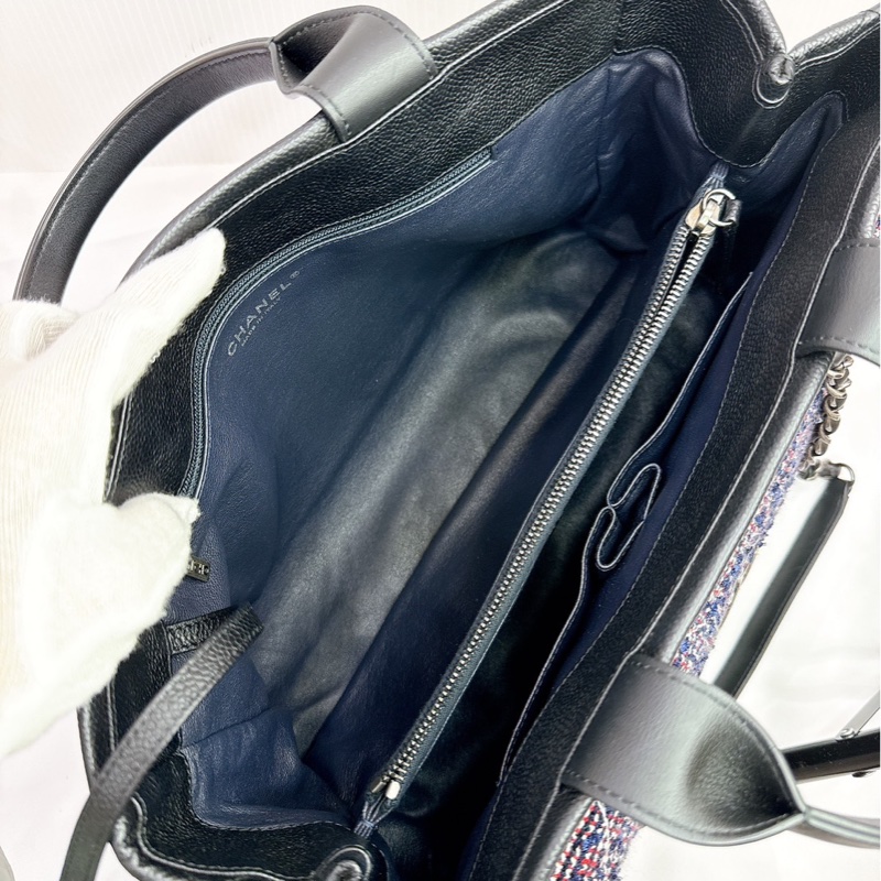 莉亞精品♡ Chanel 黑銀荔枝皮tote 毛呢編織二合一 二手美包-14