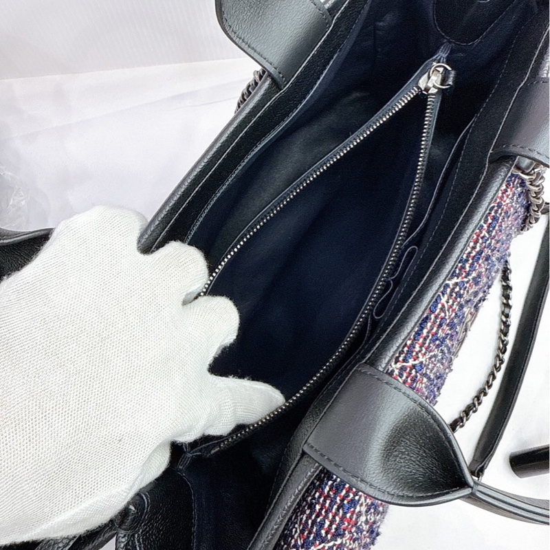 莉亞精品♡ Chanel 黑銀荔枝皮tote 毛呢編織二合一 二手美包-15