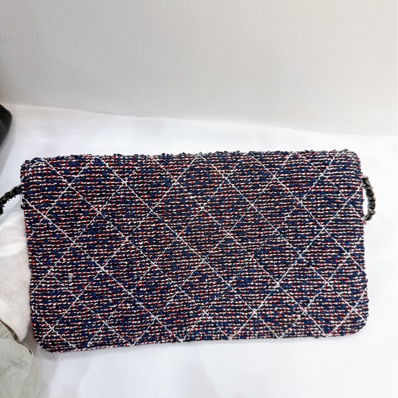 莉亞精品♡ Chanel 黑銀荔枝皮tote 毛呢編織二合一 二手美包-22