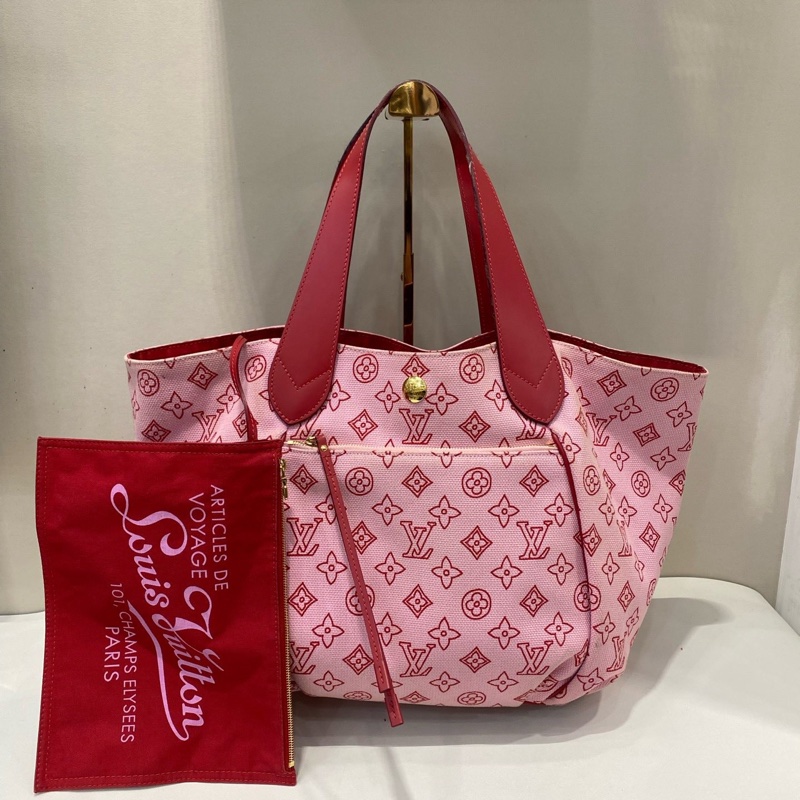LV路易威登限定丹寧帆布子母沙灘包托特購物袋 櫻花粉拼紅-0