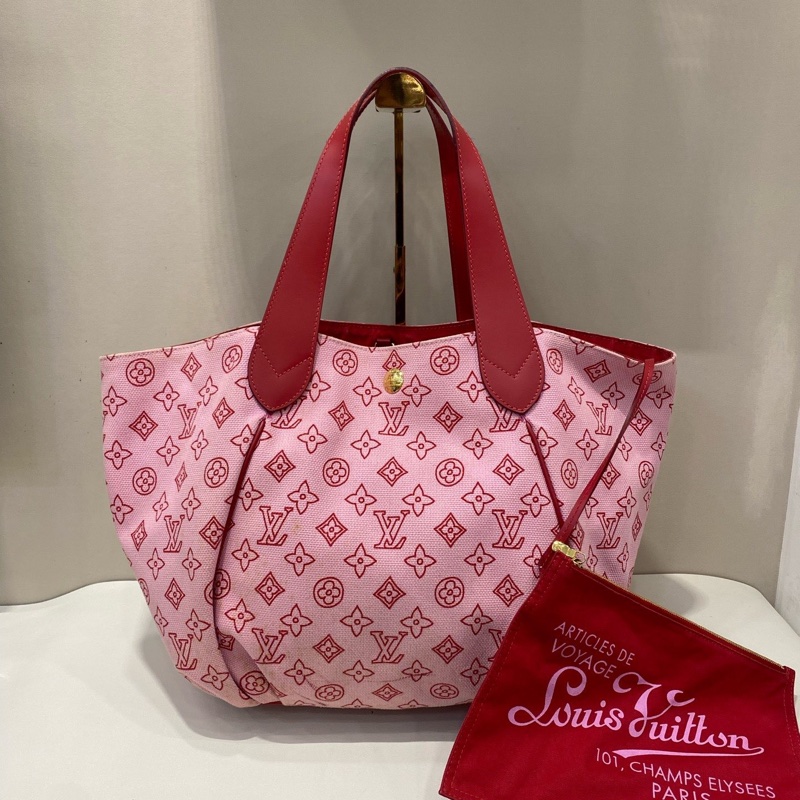LV路易威登限定丹寧帆布子母沙灘包托特購物袋 櫻花粉拼紅-1