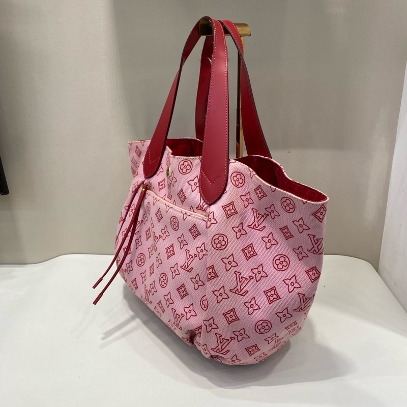 LV路易威登限定丹寧帆布子母沙灘包托特購物袋 櫻花粉拼紅-2