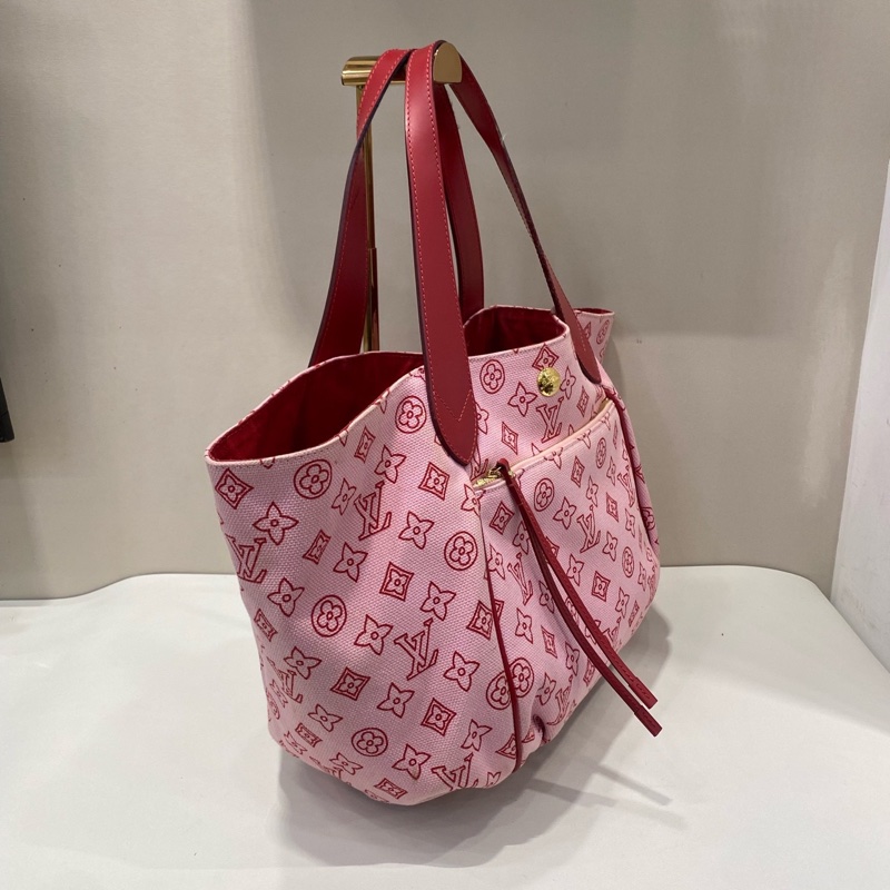 LV路易威登限定丹寧帆布子母沙灘包托特購物袋 櫻花粉拼紅-3