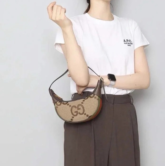 Gucci/古馳Ophidia mini新款老花Logo裝飾月牙包豌豆包烏木/ 棕拼色-6