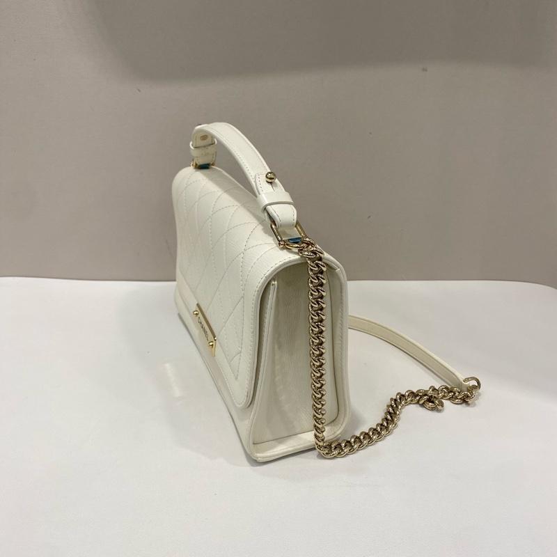 CHANEL香奈兒菱格金扣白色郵差包 鏈條肩帶肩背包手提包-2
