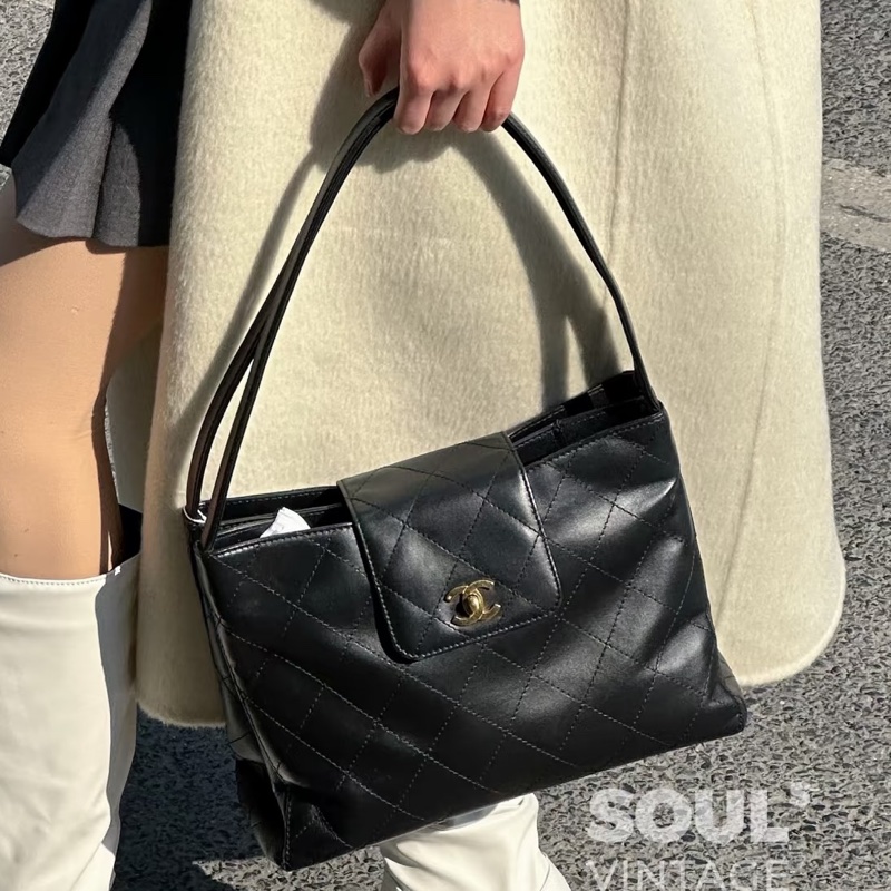 老香上線🤩Chanel黑金菱格中古款黑金kelly包手提單肩包-3