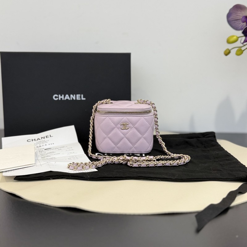 香奈兒/Chanel 24s粉紫色荔枝紋小盒子包/化妝盒 晶片款-0