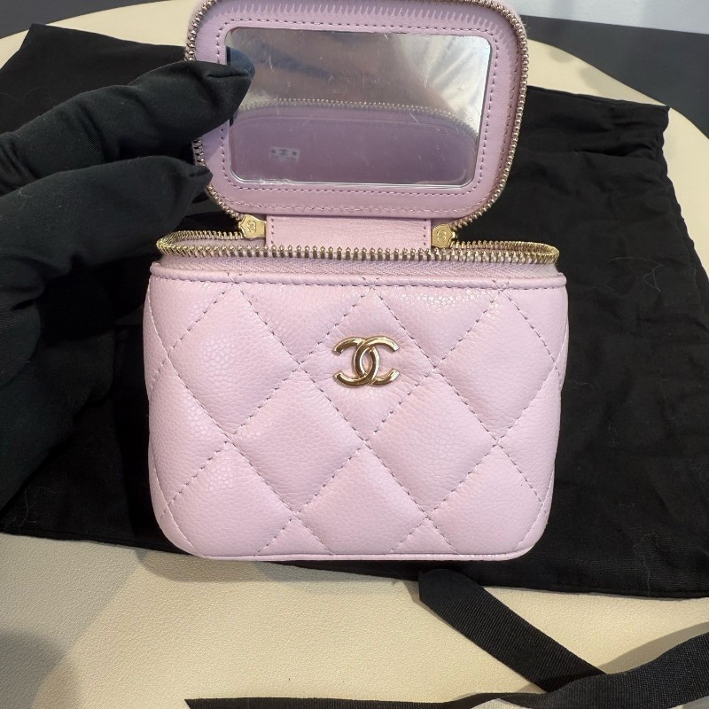 香奈兒/Chanel 24s粉紫色荔枝紋小盒子包/化妝盒 晶片款-5