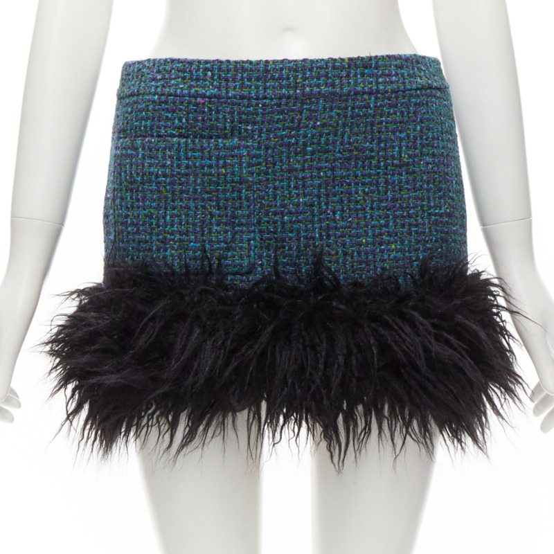 SAINT LAURENT 2022 blue tweed faux fur trim mini skirt FR38 M-0