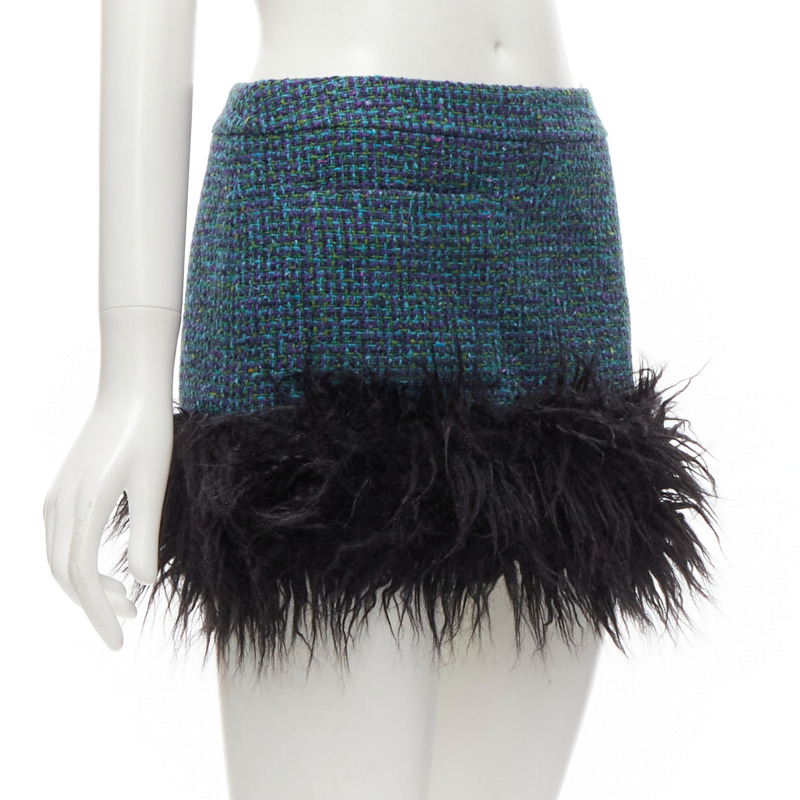 SAINT LAURENT 2022 blue tweed faux fur trim mini skirt FR38 M-1