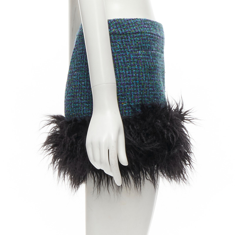 SAINT LAURENT 2022 blue tweed faux fur trim mini skirt FR38 M-2