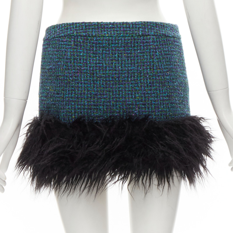 SAINT LAURENT 2022 blue tweed faux fur trim mini skirt FR38 M-3