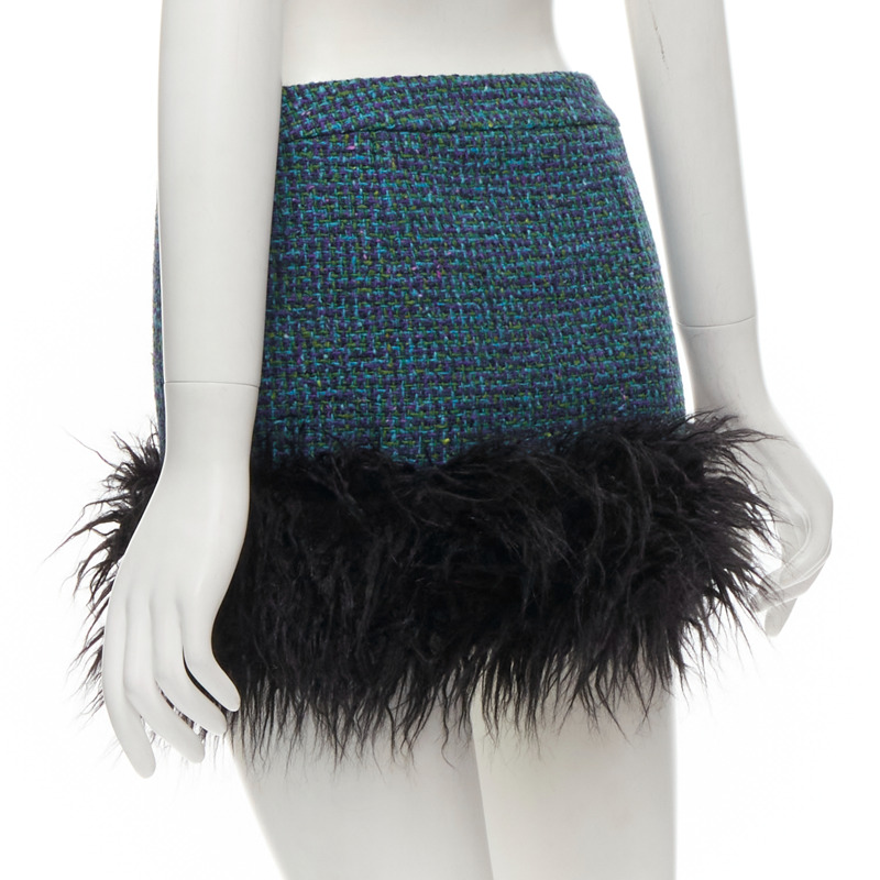 SAINT LAURENT 2022 blue tweed faux fur trim mini skirt FR38 M-4