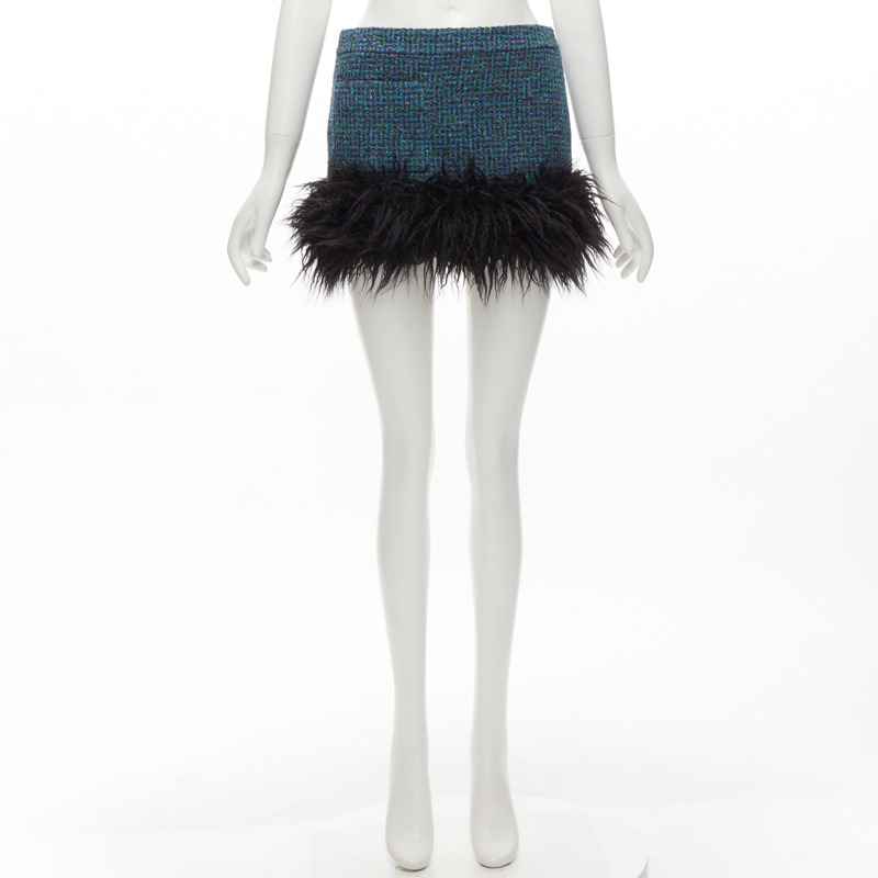 SAINT LAURENT 2022 blue tweed faux fur trim mini skirt FR38 M-7