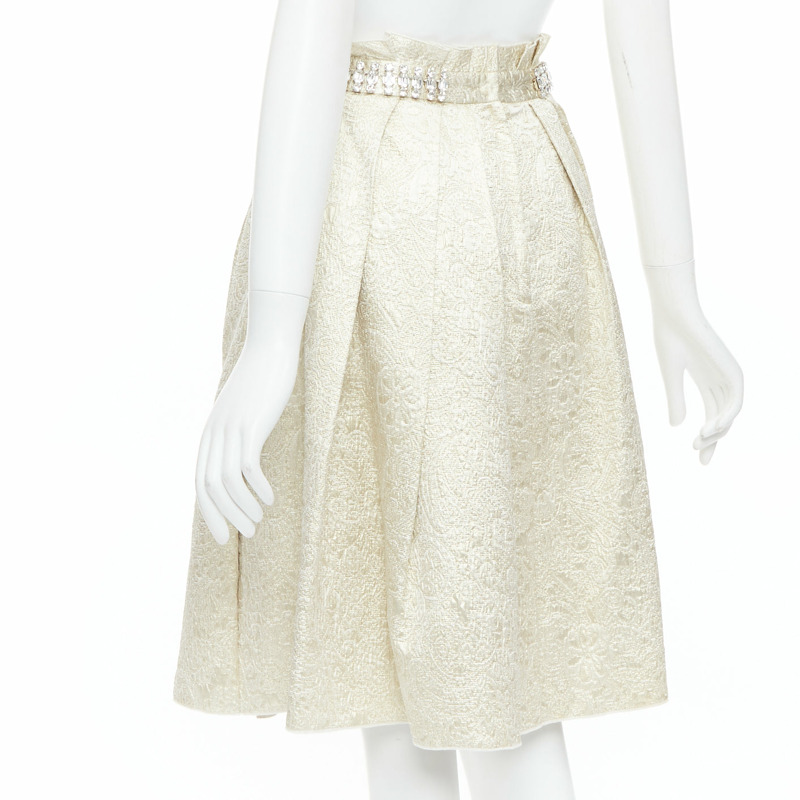 DOLCE GABBANA crystal rhinestone waistband beige brocade cocktail skirt IT40 S-5