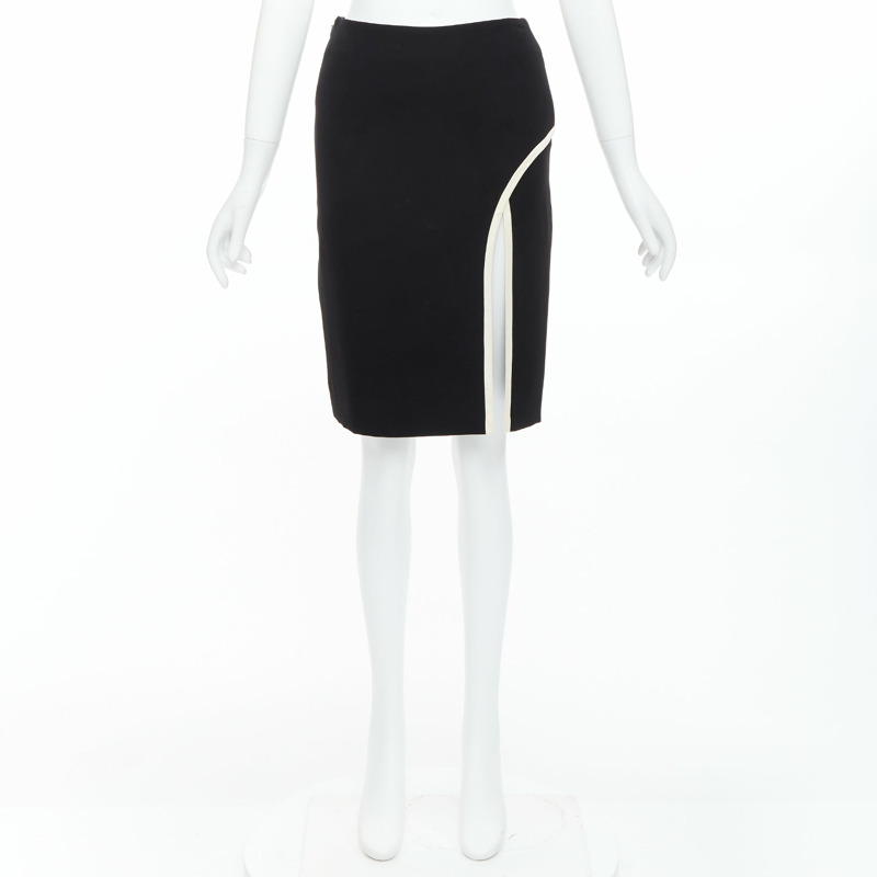 LANVIN 2017 Cady black cream trim front slit high waist pencil skirt FR34 XS-8