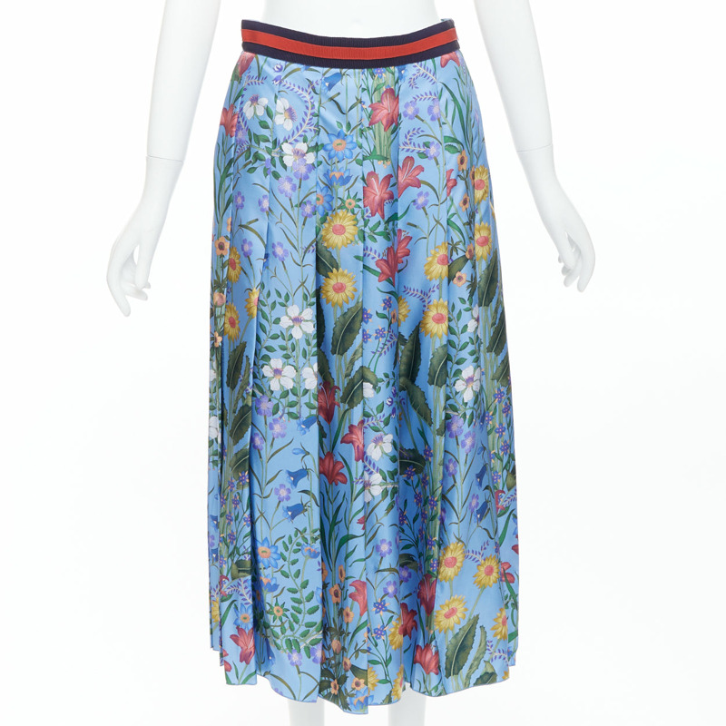 GUCCI 2016 New Flora 100% silk blue bloom pleated skirt IT42 M-0