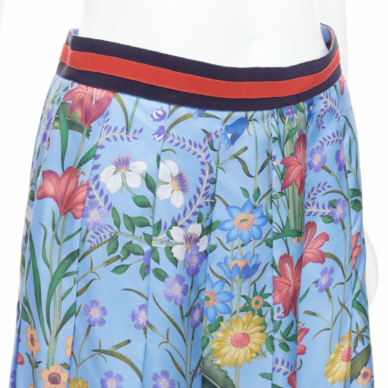 GUCCI 2016 New Flora 100% silk blue bloom pleated skirt IT42 M-1