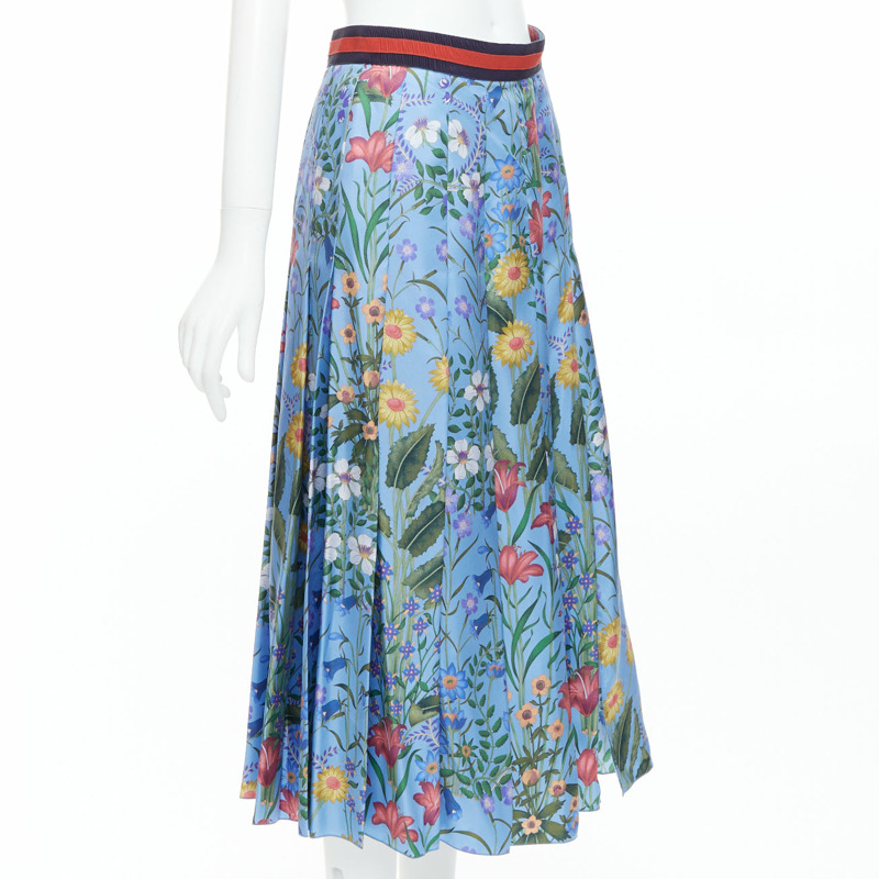 GUCCI 2016 New Flora 100% silk blue bloom pleated skirt IT42 M-2