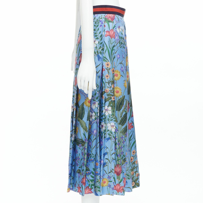 GUCCI 2016 New Flora 100% silk blue bloom pleated skirt IT42 M-3