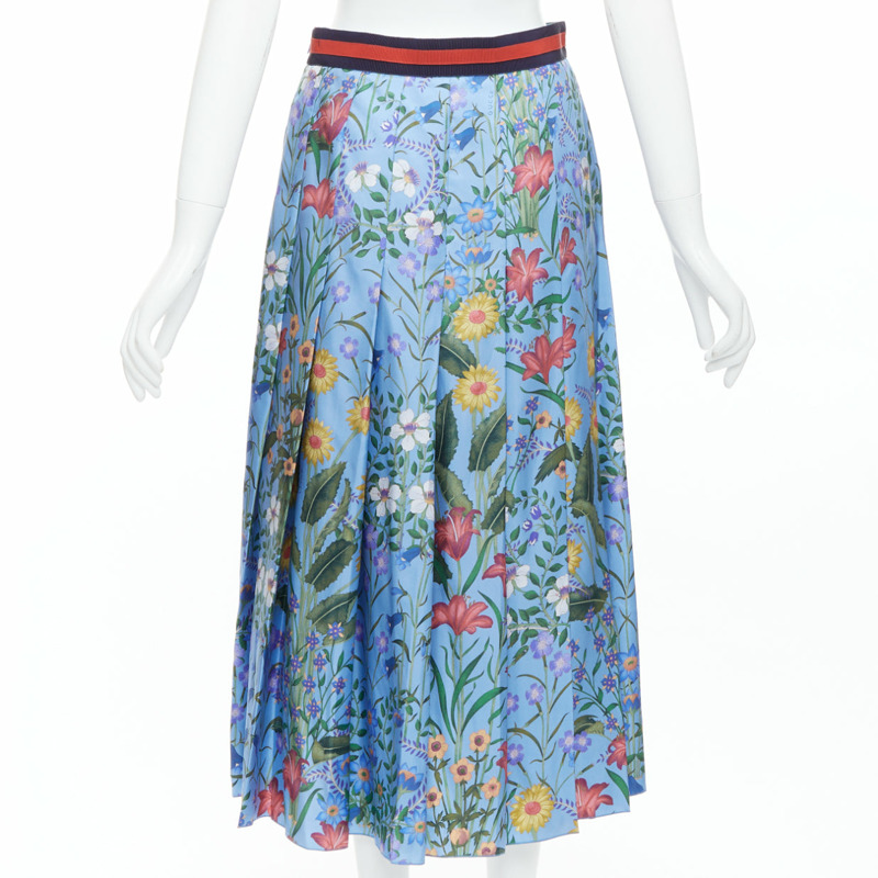 GUCCI 2016 New Flora 100% silk blue bloom pleated skirt IT42 M-4