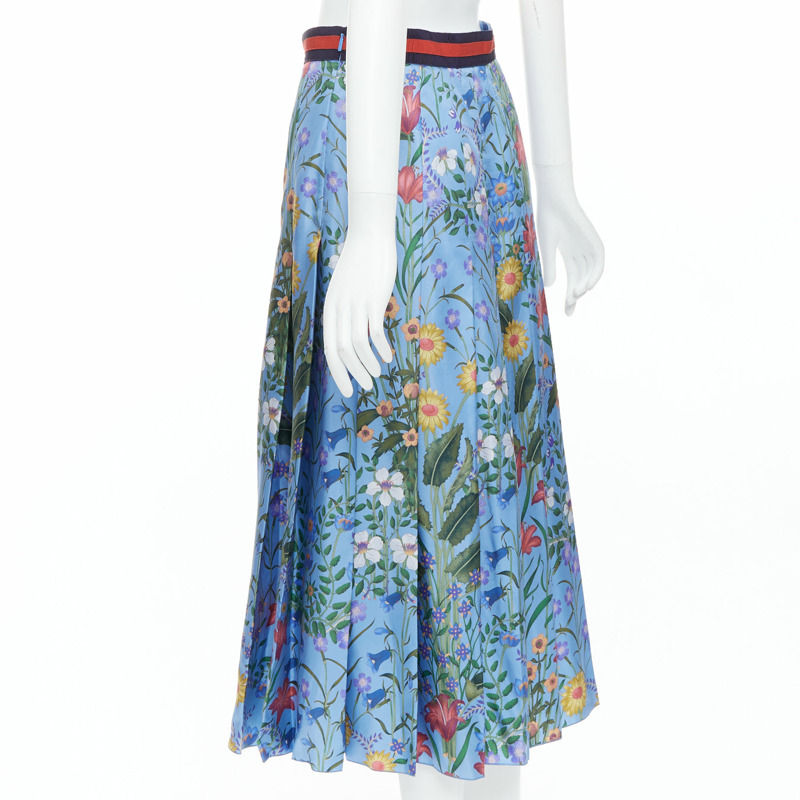 GUCCI 2016 New Flora 100% silk blue bloom pleated skirt IT42 M-5