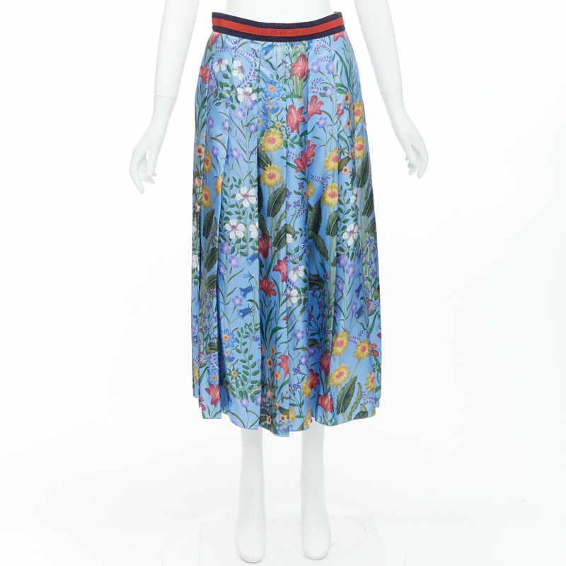 GUCCI 2016 New Flora 100% silk blue bloom pleated skirt IT42 M-8