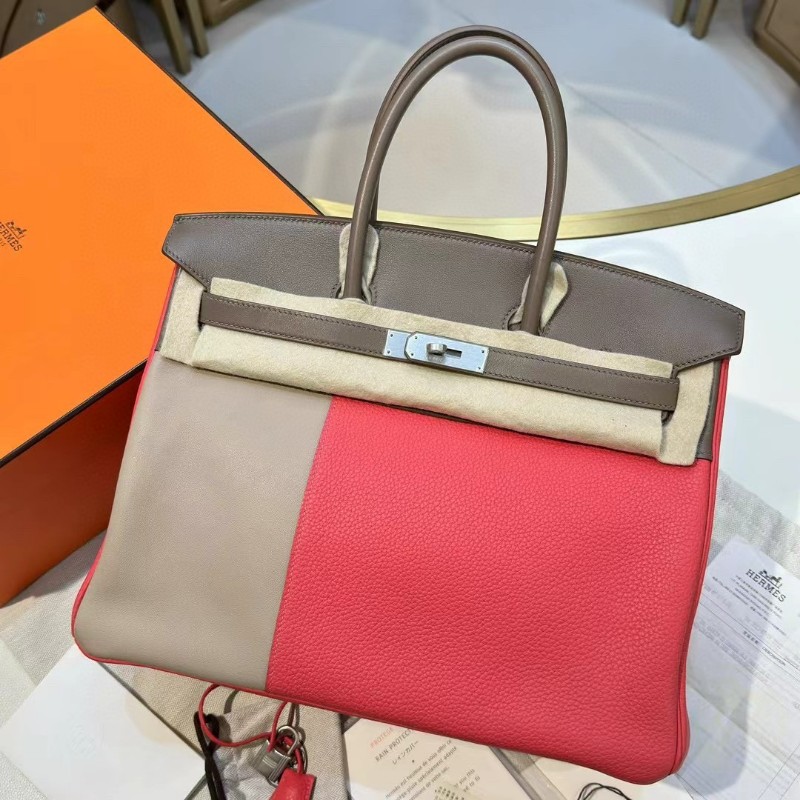 Hermes愛馬仕casaque系列birkin35 三拼色 大象灰拼斑鳩灰拼齋普爾粉搭配拉絲銀扣Q刻-0