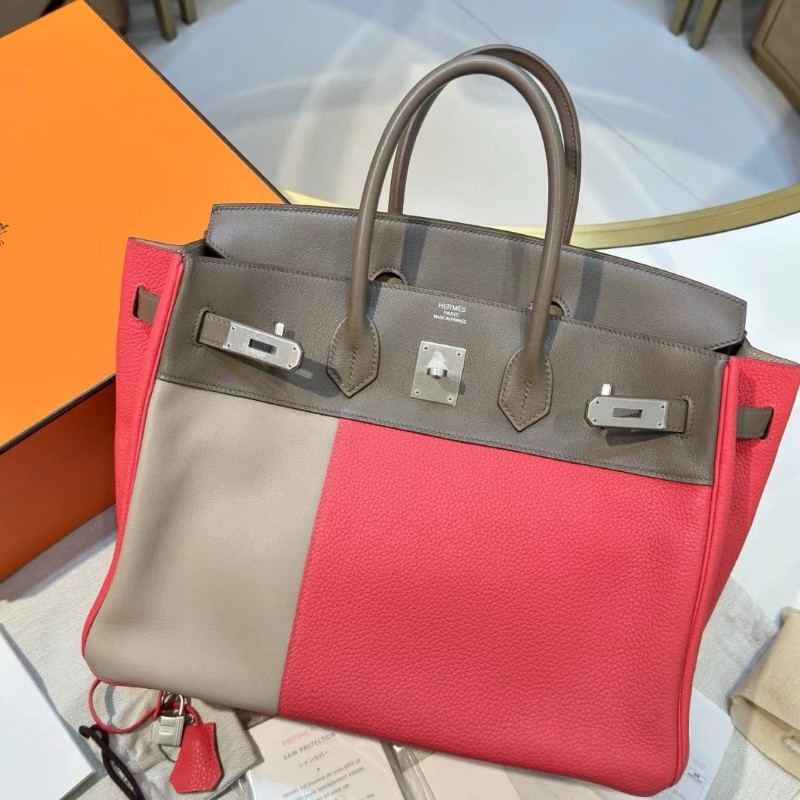 Hermes愛馬仕casaque系列birkin35 三拼色 大象灰拼斑鳩灰拼齋普爾粉搭配拉絲銀扣Q刻-4