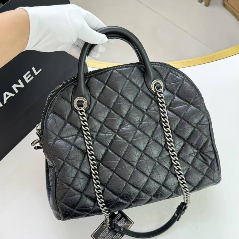 Chanel香奈兒黑銀菱形格油蠟皮保齡球/貝殼包鏈條手提肩背包-0