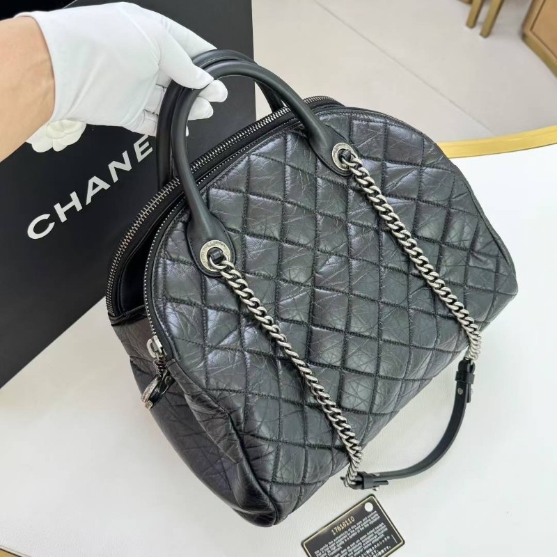 Chanel香奈兒黑銀菱形格油蠟皮保齡球/貝殼包鏈條手提肩背包-1