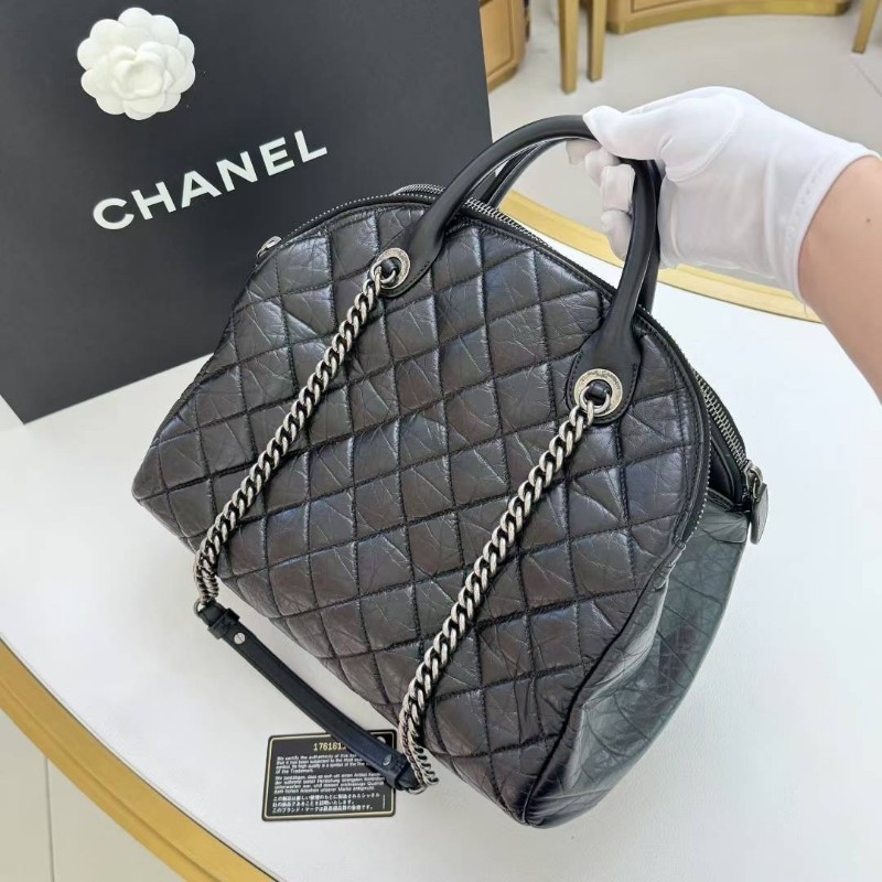 Chanel香奈兒黑銀菱形格油蠟皮保齡球/貝殼包鏈條手提肩背包-2