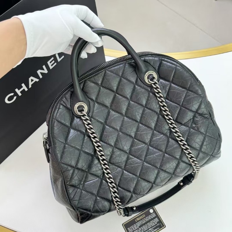 Chanel香奈兒黑銀菱形格油蠟皮保齡球/貝殼包鏈條手提肩背包-3