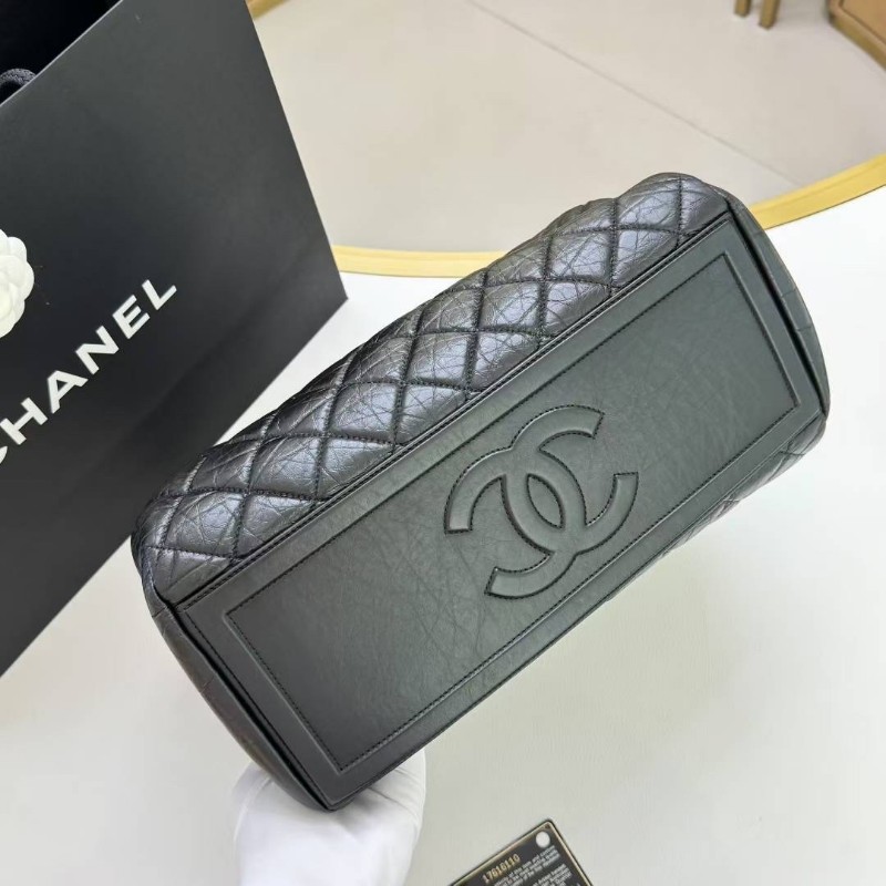 Chanel香奈兒黑銀菱形格油蠟皮保齡球/貝殼包鏈條手提肩背包-4