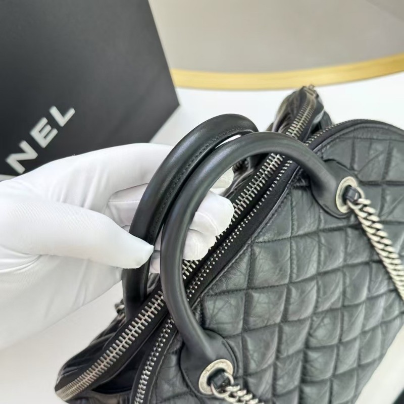 Chanel香奈兒黑銀菱形格油蠟皮保齡球/貝殼包鏈條手提肩背包-5