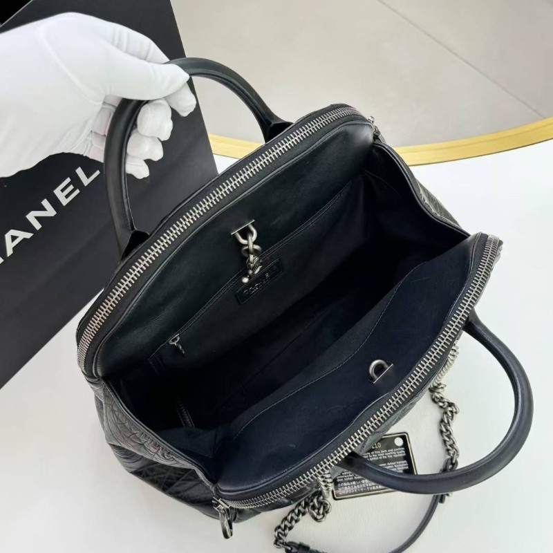 Chanel香奈兒黑銀菱形格油蠟皮保齡球/貝殼包鏈條手提肩背包-6