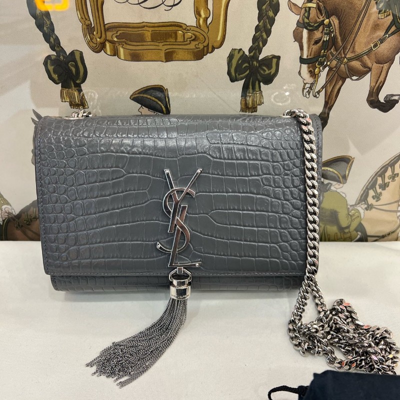 聖羅蘭 YSL KATE 灰色鱷魚壓紋流蘇包 鏈條包 肩背包-0